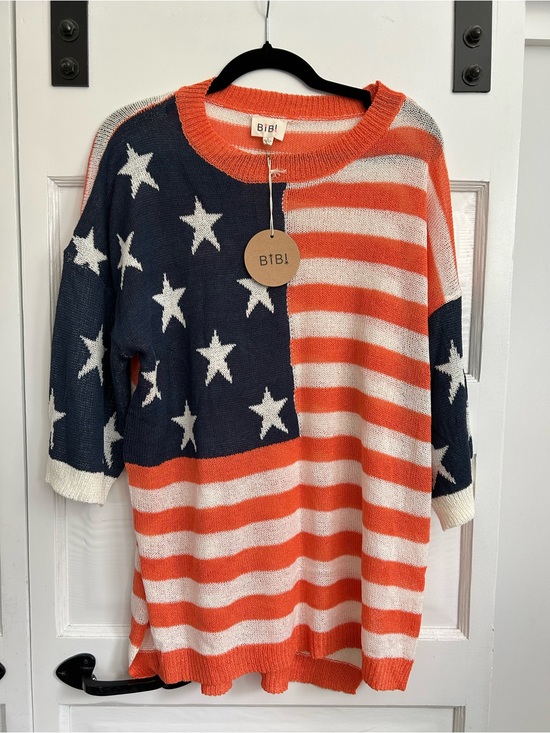 BiBi Tops - BiBi Striped Knit Sweater in Orange, Navy & White